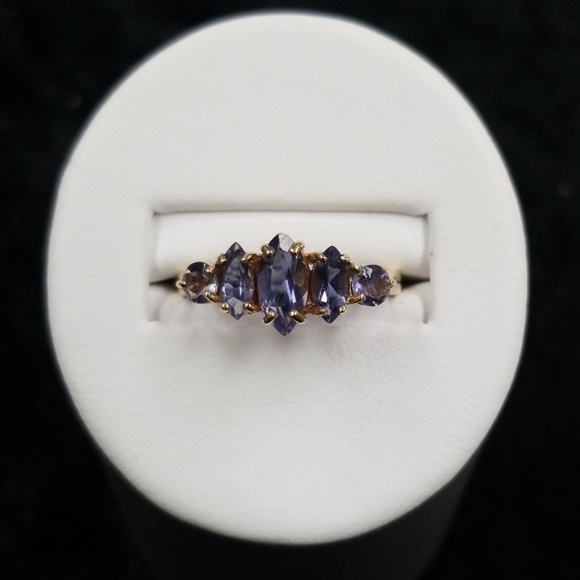 10k Iolite marquis and round cut diamond ring